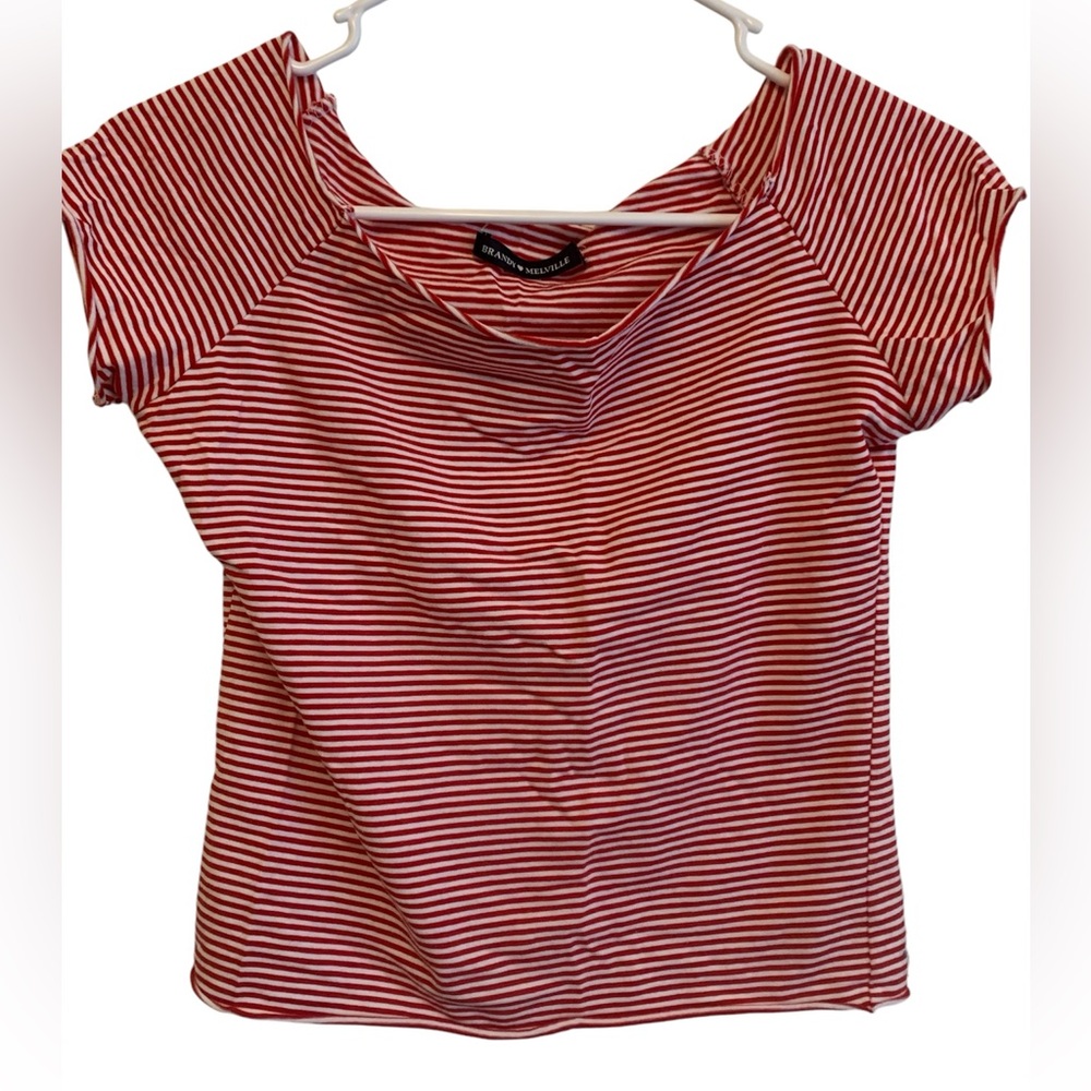 Cropped tee off shoulder red white stripe Brandy Melville casual stretchy top
